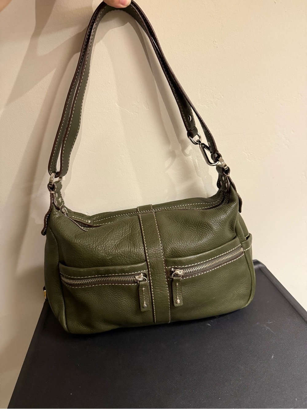 Tignanello Olive Green Pebbles Leather Shoulder Bag with Front Zips